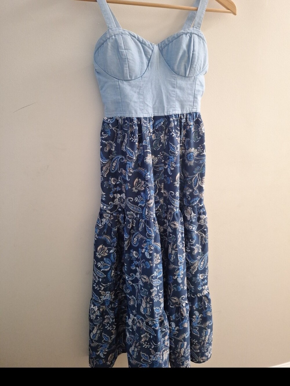 Light Chambray Bodice Blue Paisley Tiered Maxi Dress